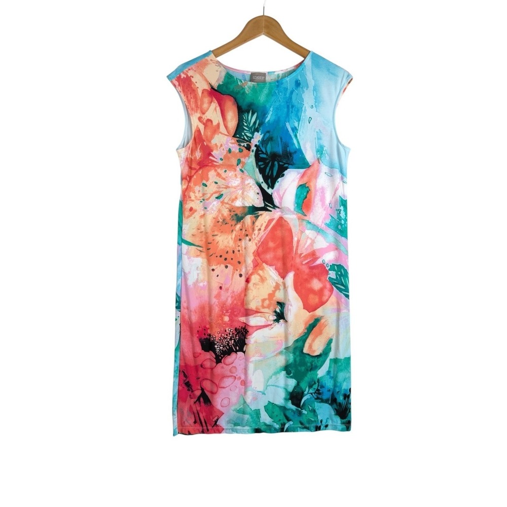 Chicos Floral Print Summer Cap Sleeve Midi Dress size 1 (US M) Coral/Teal